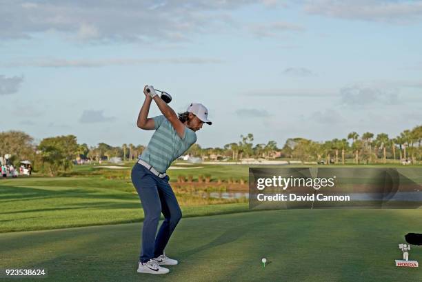 Tommy Fleetwood of England plays his tee shot on the par 5, 18th hole during the second round of the 2018 Honda Classic on The Champions Course at...