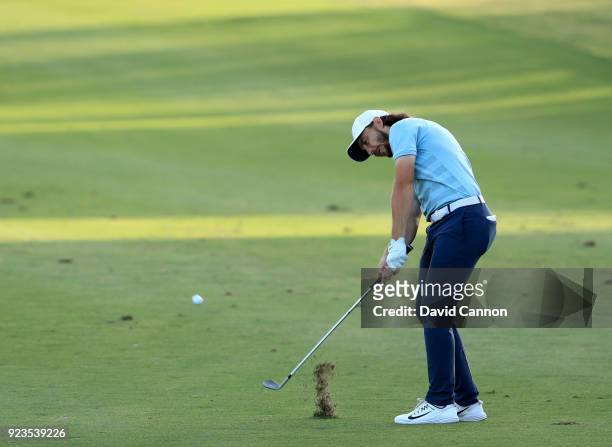 Tommy Fleetwood of England plays his third shot on the par 5, 18th hole during the second round of the 2018 Honda Classic on The Champions Course at...