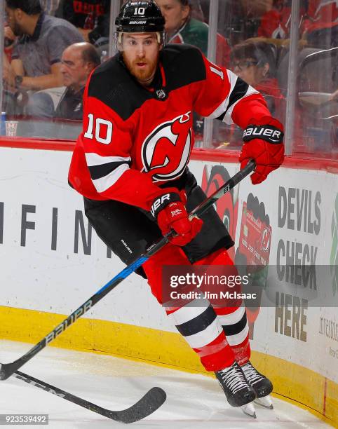 Jimmy Hayes of the New Jersey Devils in action against the Columbus Blue Jackets on February 20, 2018 at Prudential Center in Newark, New Jersey.