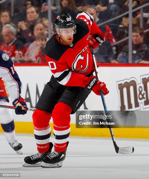 Jimmy Hayes of the New Jersey Devils in action against the Columbus Blue Jackets on February 20, 2018 at Prudential Center in Newark, New Jersey.