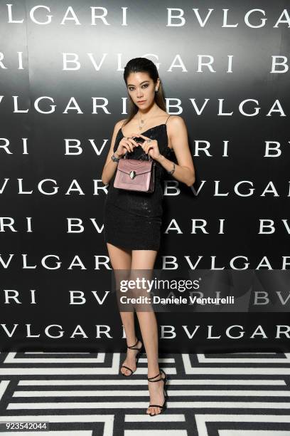 Hikari Mori attends Bulgari FW 2018 Dinner Party on February 23, 2018 in Milan, Italy.