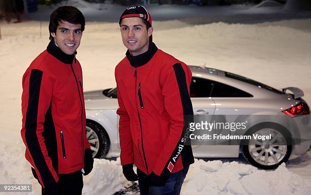 Ricardo Kaka and Cristiano Ronaldo looks on during the Audi Car Handover and Snow Driving Experience with Real Madrid at the Snowzone on October 26,...