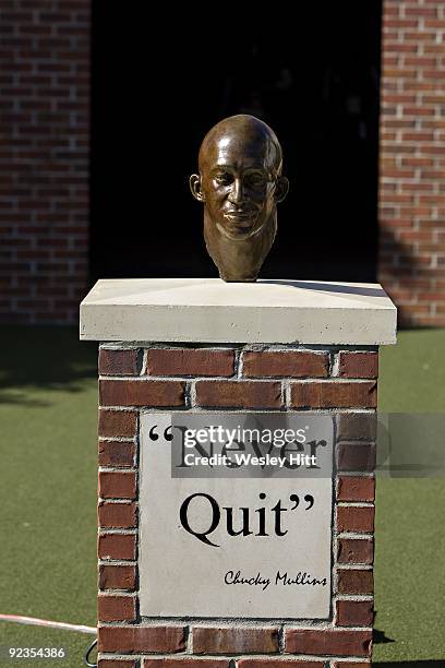 Bust of Chucky Mullins outside the locker room of the Ole Miss Rebels before a game against the Arkansas Razorbacks at Vaught-Hemingway Stadium on...