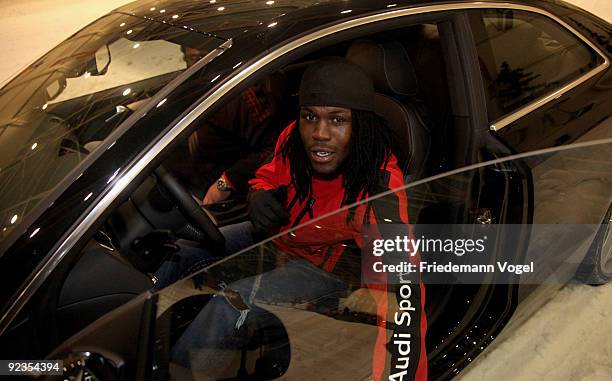 Royston Drenthe looks on during the Audi Car Handover and Snow Driving Experience with Real Madrid at the Snowzone on October 26, 2009 in Madrid,...