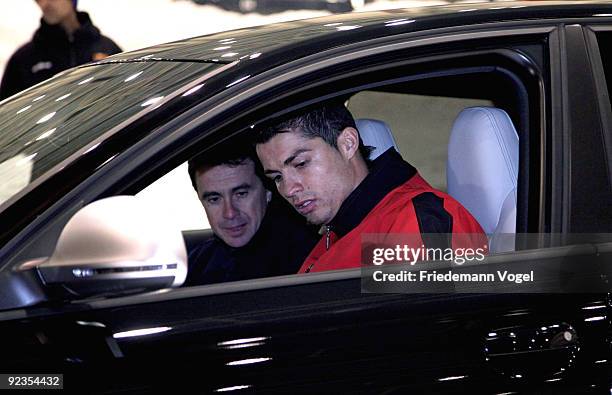 Cristiano Ronaldo looks on during the Audi Car Handover and Snow Driving Experience with Real Madrid at the Snowzone on October 26, 2009 in Madrid,...