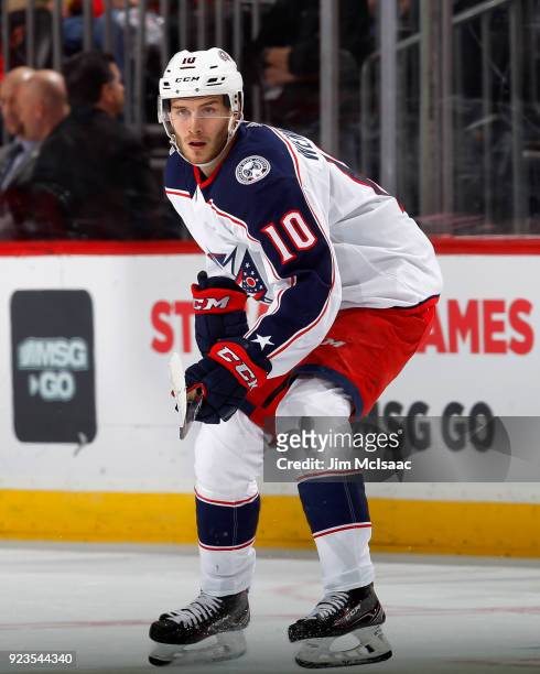 Alexander Wennberg of the Columbus Blue Jackets in action against the New Jersey Devils on February 20, 2018 at Prudential Center in Newark, New...
