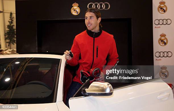 Sergio Ramos looks on during the Audi Car Handover and Snow Driving Experience with Real Madrid at the Snowzone on October 26, 2009 in Madrid, Spain.