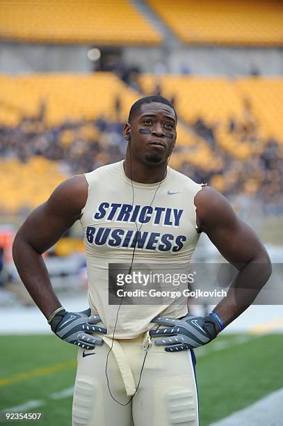 Defensive lineman Greg Romeus of the University of Pittsburgh Panthers looks on from the field before a college football game against the University...