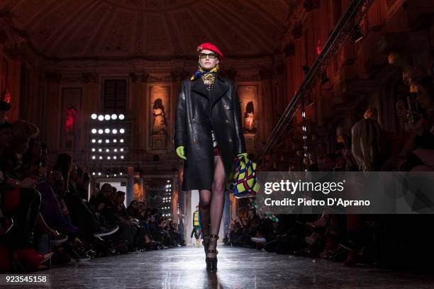 The model Catherine McNeil walks the runway at the Versace show during Milan Fashion Week Fall/Winter 2018/19 on February 23, 2018 in Milan, Italy.