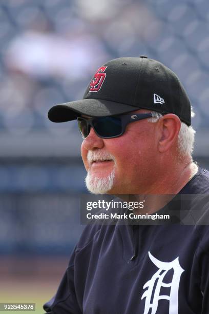 Manager Ron Gardenhire of the Detroit Tigers looks on while wearing a special SD logo baseball hat to honor the Marjory Stoneman Douglas High School...