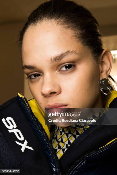 Model Hiandra Martinez is seen backstage ahead of the Sportmax show during Milan Fashion Week Fall/Winter 2018/19 on February 23, 2018 in Milan,...