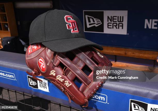 Detailed view of the special SD logo baseball hat worn by the Detroit Tigers and the New York Yankees to honor the Marjory Stoneman Douglas High...