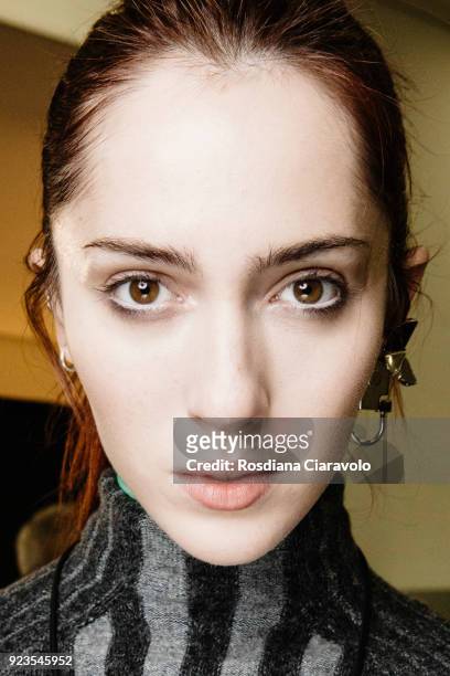 Model Teddy Quinlivan is seen backstage ahead of the Sportmax show during Milan Fashion Week Fall/Winter 2018/19 on February 23, 2018 in Milan, Italy.