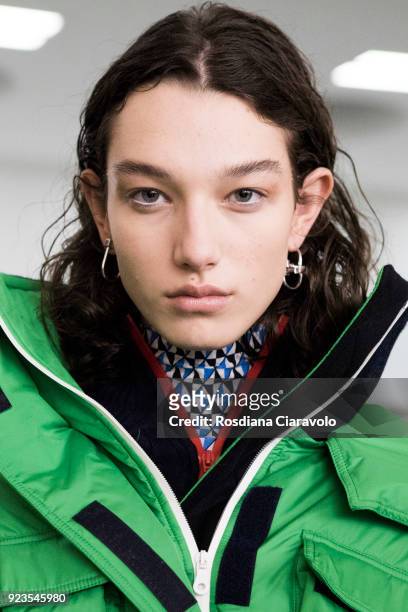 Model McKenna Hellam is seen backstage ahead of the Sportmax show during Milan Fashion Week Fall/Winter 2018/19 on February 23, 2018 in Milan, Italy.