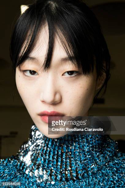 Model is seen backstage ahead of the Sportmax show during Milan Fashion Week Fall/Winter 2018/19 on February 23, 2018 in Milan, Italy.