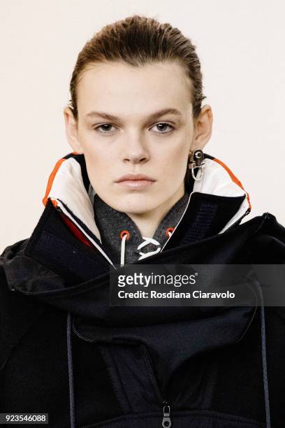 Model Cara Taylor is seen backstage ahead of the Sportmax show during Milan Fashion Week Fall/Winter 2018/19 on February 23, 2018 in Milan, Italy.
