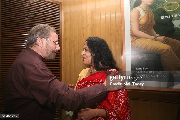 Dancer Sonal Mansingh is greeted by heritage hotelier Francis Wacziarg at the launch of the book In Search of Sita in New Delhi on Friday, October...