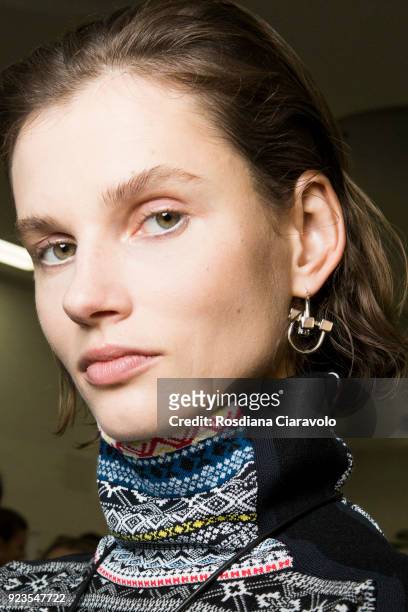 Model Giedre Dukauskaite is seen backstage ahead of the Sportmax show during Milan Fashion Week Fall/Winter 2018/19 on February 23, 2018 in Milan,...