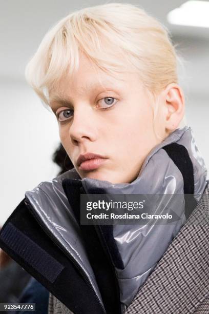 Model Marjan Jonkman is seen backstage ahead of the Sportmax show during Milan Fashion Week Fall/Winter 2018/19 on February 23, 2018 in Milan, Italy.
