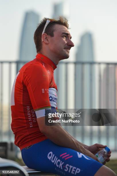 Italy's Elia Viviani from Quick Step Floors awaits for post-race press conference after he keeps the Leader Red Jersey after the third Nations Tower...
