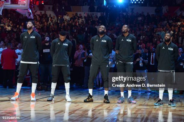 Team LeBron looks on during the NBA All-Star Game as a part of 2018 NBA All-Star Weekend at STAPLES Center on February 18, 2018 in Los Angeles,...