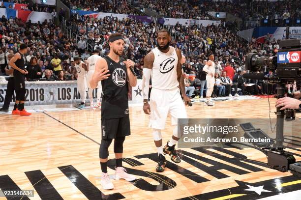 Stephen Curry and LeBron James speak to the crowd during the NBA All-Star Game as a part of 2018 NBA All-Star Weekend at STAPLES Center on February...