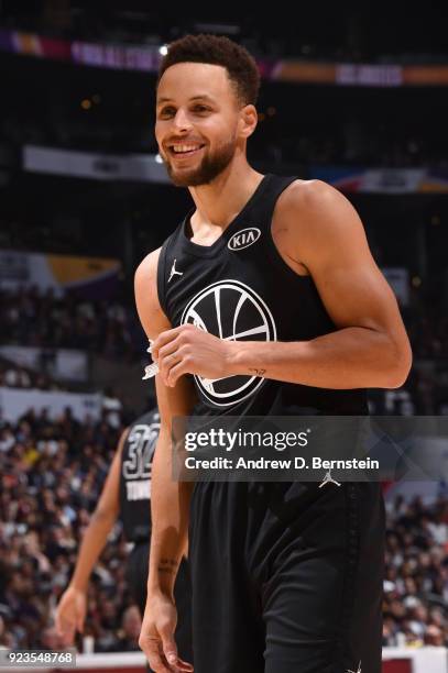 Stephen Curry of team Stephen looks on during the NBA All-Star Game as a part of 2018 NBA All-Star Weekend at STAPLES Center on February 18, 2018 in...