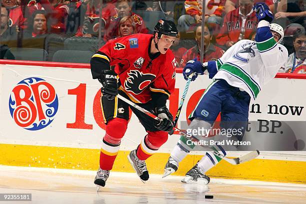 Jay Bouwmeester of the Calgary Flames skates against the Vancouver Canucks on October 16, 2009 at Pengrowth Saddledome in Calgary, Alberta, Canada....