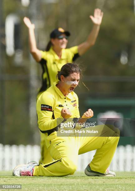 Nicole Bolton of WA celebrates getting the wicket of Alex Blackwell during the WNCL Final match between New South Wales and Western Australia at...