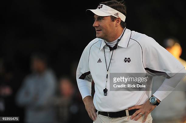 Head coach Dan Mullen of the Mississippi State Bulldogs, during pre game warm up against the Florida Gators, at Davis Wade Stadium on October 24,...