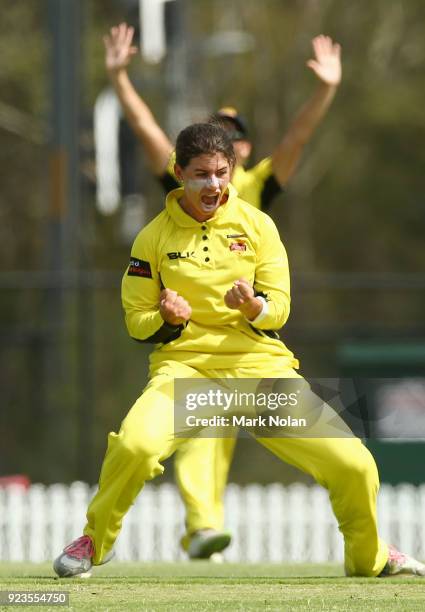 Nicole Bolton of WA celebrates getting the wicket of Alex Blackwell during the WNCL Final match between New South Wales and Western Australia at...