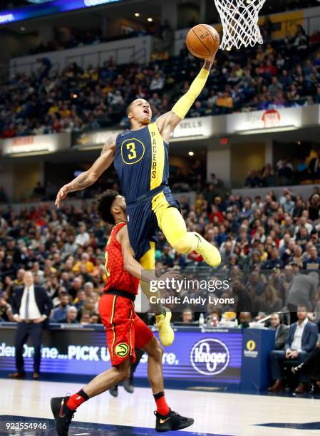 Joe Young of the Indiana Pacers shoots the ball against the Atlanta Hawks during the game at Bankers Life Fieldhouse on February 23, 2018 in...