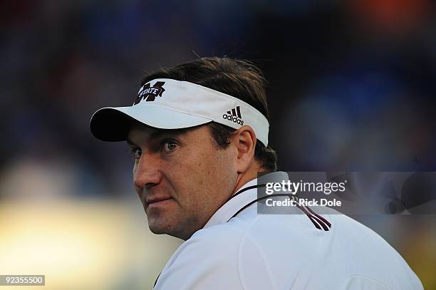 Head coach Dan Mullen of the Mississippi State Bulldogs, during pre game warm up against the Florida Gators, at Davis Wade Stadium on October 24,...