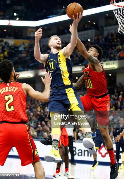 Domantas Sabonis of the Indiana Pacers shoots the ball against the Atlanta Hawks during the game at Bankers Life Fieldhouse on February 23, 2018 in...