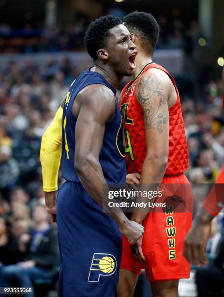 Victor Oladipo of the Indiana Pacers celebrates against the Atlanta Hawks during the game at Bankers Life Fieldhouse on February 23, 2018 in...