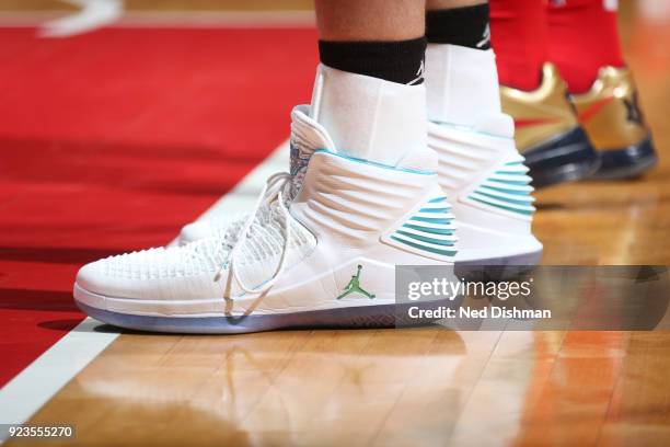 The sneakers of Cody Zeller of the Charlotte Hornets are seen during the game against the Washington Wizards on February 23, 2018 at Capital One...