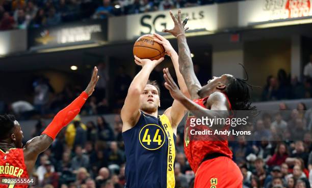 Bojan Bogdanovic of the Indiana Pacers shoots the ball against the Atlanta Hawks during the game at Bankers Life Fieldhouse on February 23, 2018 in...