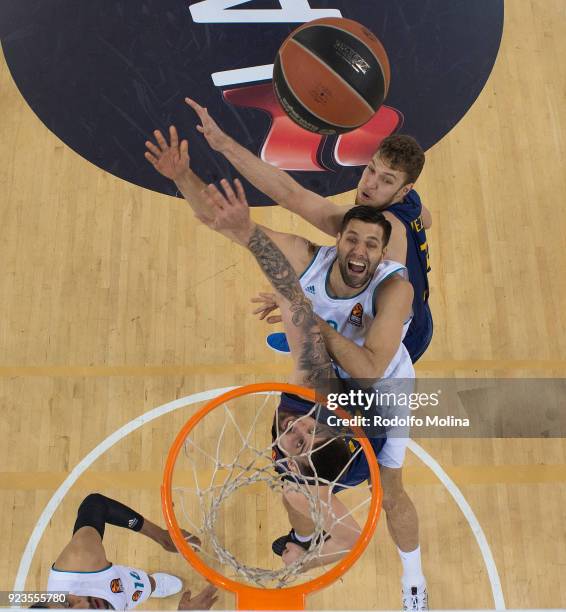 Felipe Reyes, #9 of Real Madrid competes with Aleksandar Vezenkov, #14 of FC Barcelona Lassa and Adrien Moerman, #45 during the 2017/2018 Turkish...