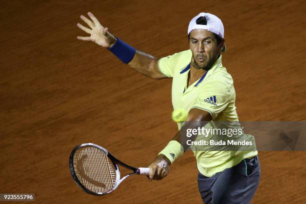 Fernando Verdasco of Spain returns a shot to Dominic Thiem of Austria during the quarter finals of the ATP Rio Open 2018 at Jockey Club Brasileiro on...