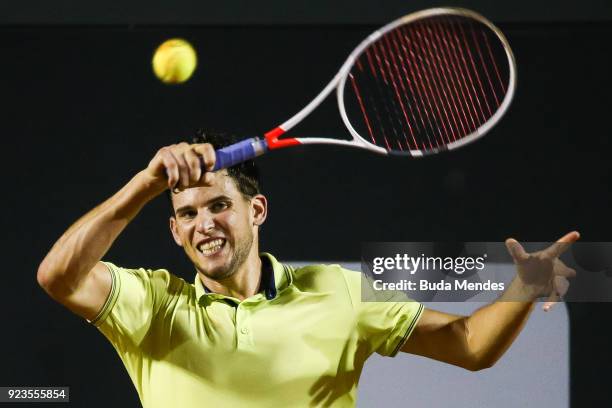 Dominic Thiem of Austria returns a shot to Fernando Verdasco of Spain during the quarter finals of the ATP Rio Open 2018 at Jockey Club Brasileiro on...