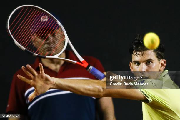 Dominic Thiem of Austria returns a shot to Fernando Verdasco of Spain during the quarter finals of the ATP Rio Open 2018 at Jockey Club Brasileiro on...