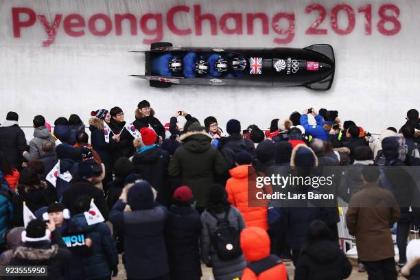 Lamin Deen, Ben Simons, Toby Olubi and Andrew Matthews of Great Britain compete during 4-man Bobsleigh Heats on day fifteen of the PyeongChang 2018...