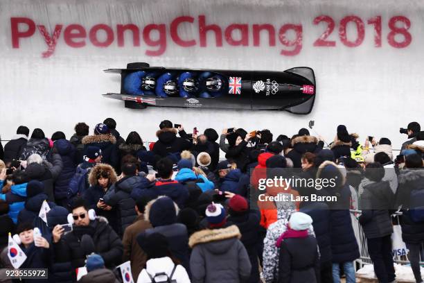 Brad Hall, Nick Gleeson, Joel Fearon and Greg Cackett of Great Britain compete during 4-man Bobsleigh Heats on day fifteen of the PyeongChang 2018...