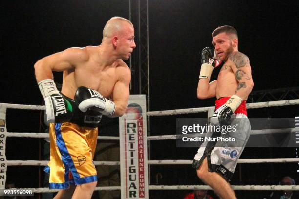 Francesco Grandelli and Emiliano Salvini during the boxing match valid for the italian featherweight title on 23 February 2018 at Teatro Tenda in...