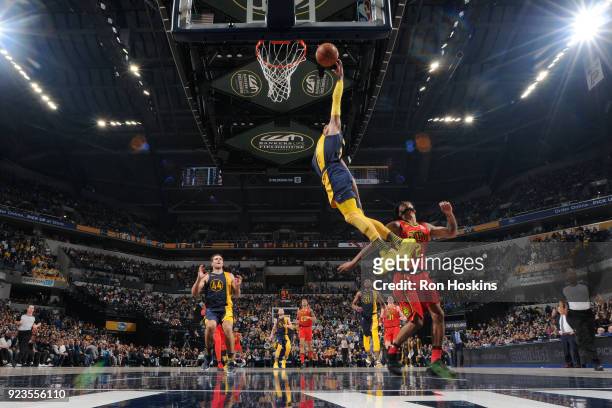 Joe Young of the Indiana Pacers drives to the basket during the game against the Atlanta Hawks on February 23, 2018 at Bankers Life Fieldhouse in...