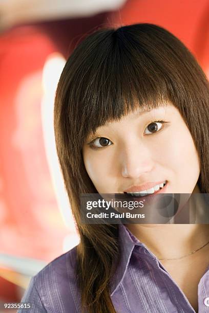 young asian woman smiling - wonky fringe stock pictures, royalty-free photos & images