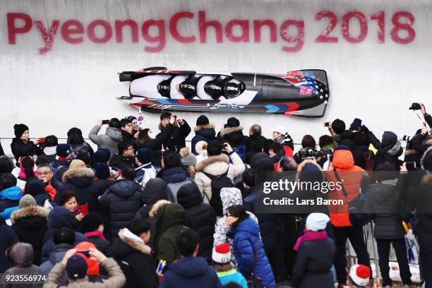 Justin Olsen, Nathan Weber, Carlo Valdes and Christopher Fogt of the United States compete during 4-man Bobsleigh Heats on day fifteen of the...