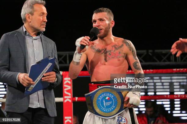 Francesco Grandelli celebrates his victory after the boxing match valid for the italian featherweight title against Emiliano Salvini, on 23 February...