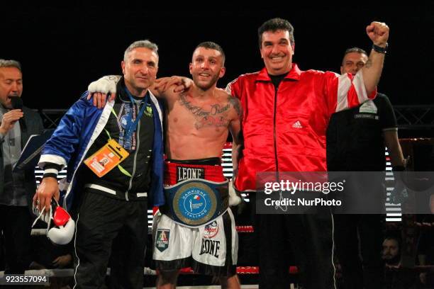 Francesco Grandelli after the italian featherweight title boxing match bout against Emiliano Salvini on 23 February 2018 at Teatro Tenda in...