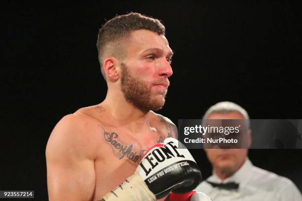 Francesco Grandelli during the boxing match valid for the italian featherweight title on 23 February 2018 at Teatro Tenda in Grugliasco, Turin,...